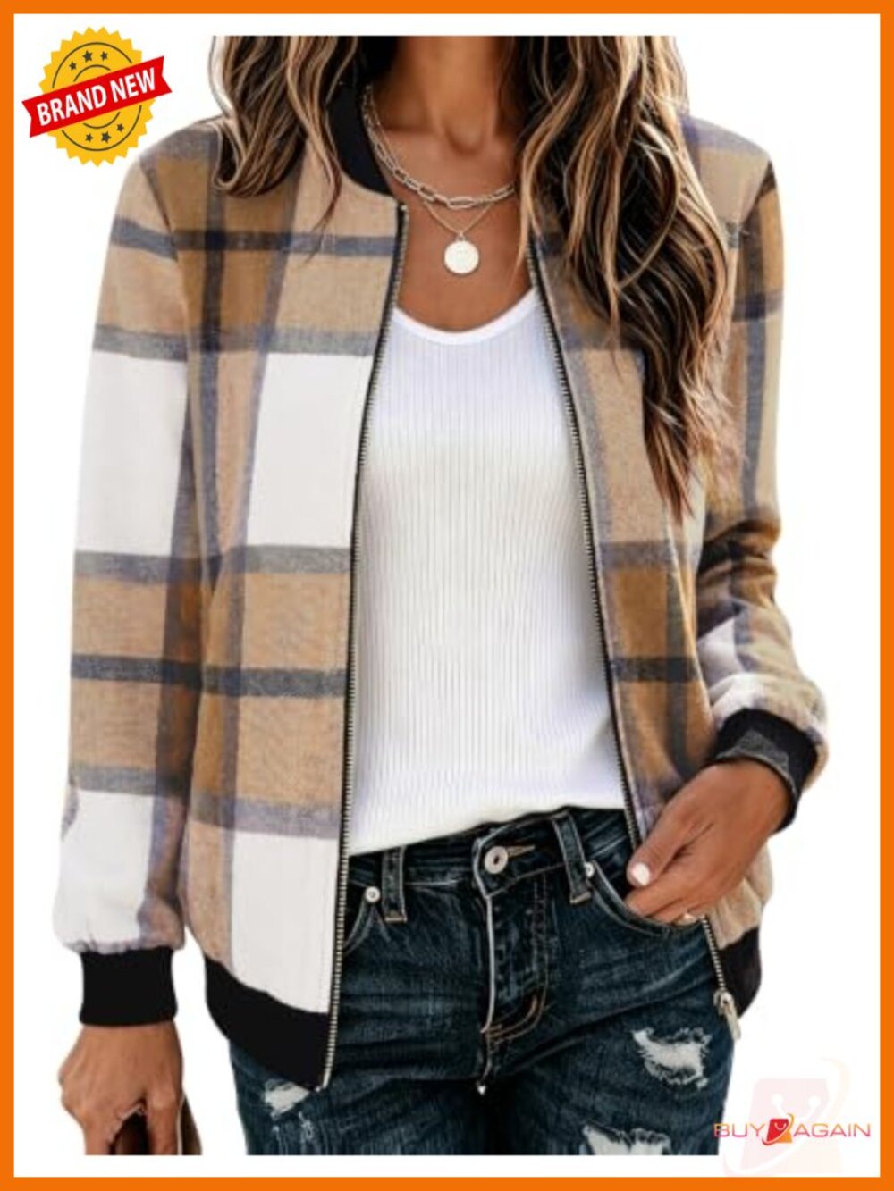 Plaid Flannel Bomber Jacket Zip Up Lightweight Women's Casual Coat